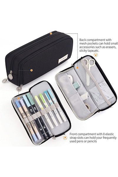 erorex Large Capacity Pencil Case 3 Compartment Pouch Pen Bag For School Teen Girl Boy Men Women Black