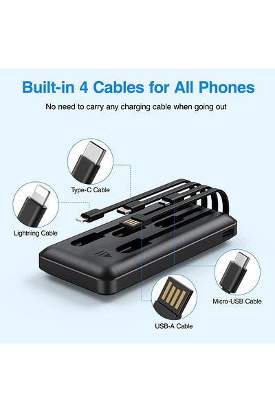 erorex Power Bank 10000Mah With Built In Cable Portable Charger 4 Outputs 2 Inputs Built In Phone Stand