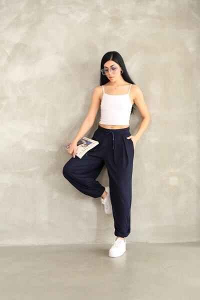 Moda Banuş Pantaloni largi, drapați, bleumarin, țesătură modal