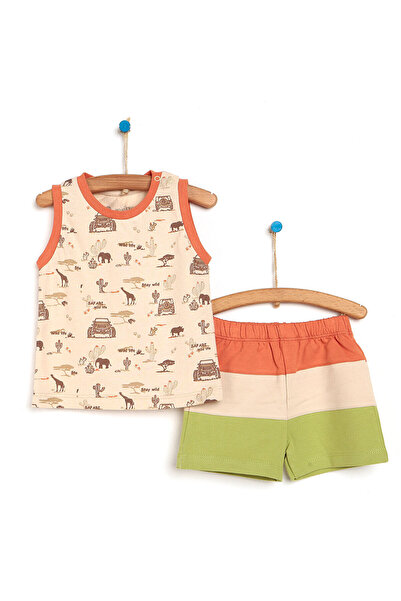 ebebek Hello Baby HelloBaby Erkek Bebek Tişört-Şort 2li Takım Safari Desenli Bisiklet Yaka Reçme Paça Atlet Kol Bej