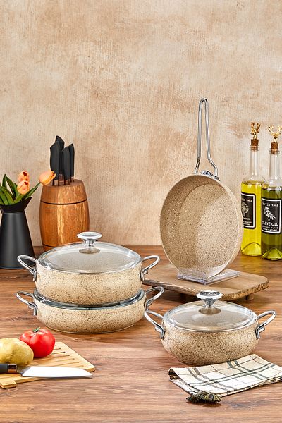 Taç Mastercook Chubby Metallica 7 Piece Cookware Set with Cappicuno Metal Handles