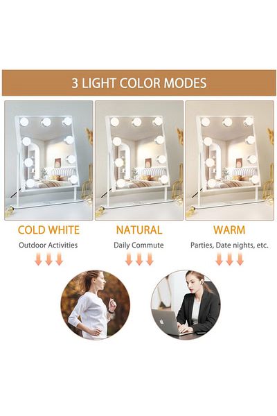COOYA Vanity Mirror with Lights ,with 9 LED Bulbs, 3Colors Dimable Light Detachable 10X Magnification