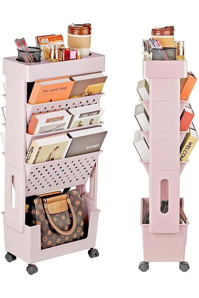 erorex 5 Tiers Movable Bookshelf Cart With Wheels Removable Movable Unique Bookcase Utility Organizer Book