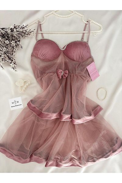MH Moony Homewears Cămașă de noapte de lux cu detaliu din piatră din catifea roz Njord