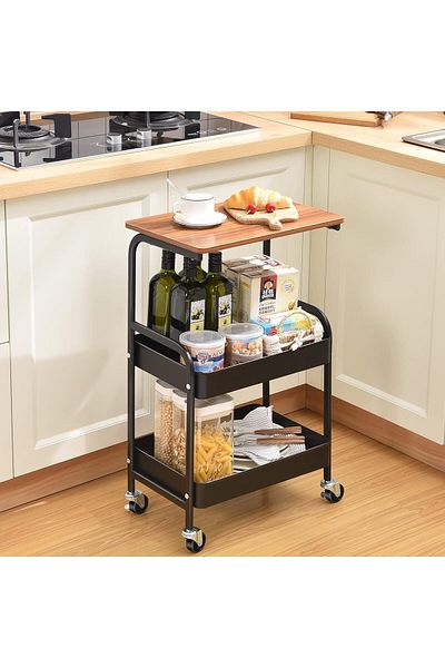 erorex 3 Tier Foldable Rolling Utility Cart Organizer Metal Storage Cart With Wooden Tabletop Trolley