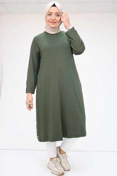 Eslina 38015 Large Size Button Detailed Combed Cotton Tunic - Khaki