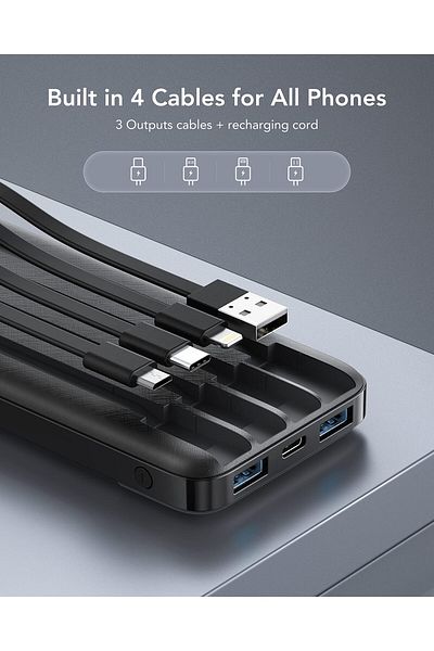 erorex بنك طاقة مع كابل مدمج 10000 مللي أمبير في الساعة USB C حزمة بطارية 6 مخرجات 2 مدخلين مع شاشة LED
