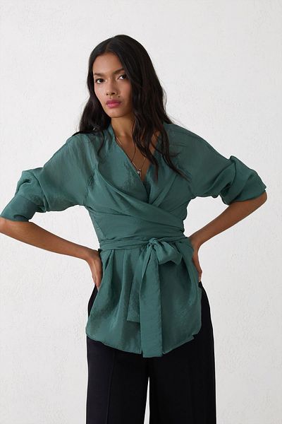 Setre Green Double Breasted Collar Lacing Detailed Long Sleeve Comfortable Fit Blouse