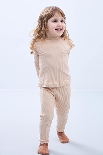 Perendi Βαμβακερό Σετ Κοριτσίστικο - Λεπτομέρεια βολάν, Τριπλό, Χρώμα Πέτρας