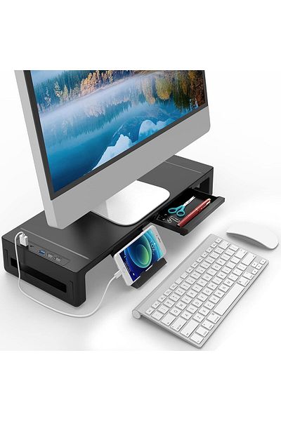 erorex حامل شاشة سطح المكتب مع درج وحامل كمبيوتر محمول وحامل كمبيوتر للمكتب مع بيانات USB 3.0