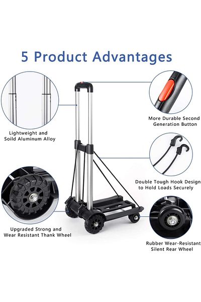 erorex Folding Hand Truck 4 Wheel Solid Construction Utility Cart With Aluminum Telescopic Rod Foldable