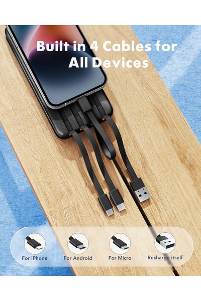 erorex بنك طاقة مع كابلات مدمجة، حزمة بطارية USB C سعة 20000 مللي أمبير/ساعة، 5 مخرجات، 4 مدخلات، مع شاشة LED