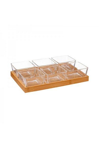 Secret de Gourmet Bamboo platter with 6 glass bowls, Bon Appetit, 28.5x19.5 cm