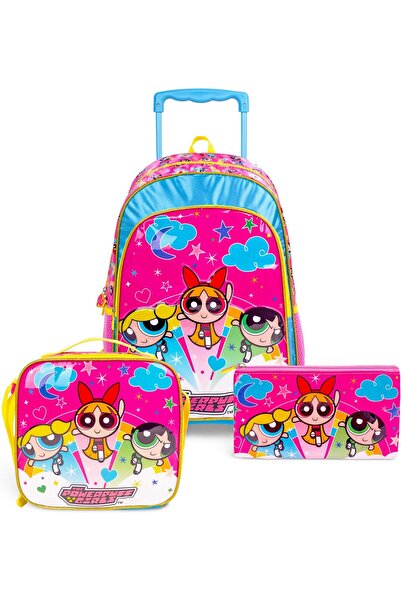 Generic مجموعة حقيبة مدرسية بعجلات 3 في 1 للأطفال مقاس 18 بوصة من Power Puff ...