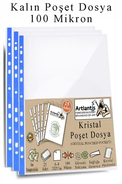 Artlantis Poşet Dosya A4 Kristal 25 Adet Kalın Poşet Dosya Föy Mavi Şeritli 100 Mikron Şeffaf Belge Arşivleme