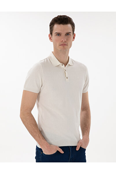 Pierre Cardin Ekru Slim Fit Düğmeli Polo Yaka Triko Tişört 50307320-VR019