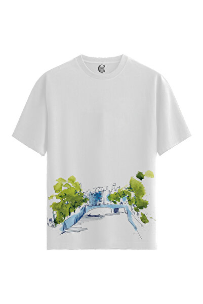 Color Luxe Canal Sketch - تي شيرت نسائي أبيض مصنوع من القطن بنسبة 100% - جودة...