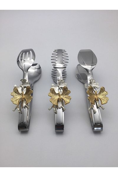 Fiyakalı Ürünler Atölyesi Silver Cake Serving Set with Stainless Steel Dish Butterfly Pattern - Pasta and Salad
