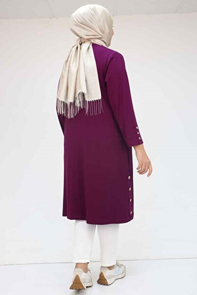 Eslina 38015 Large Size Button Detailed Combed Cotton Tunic - Plum