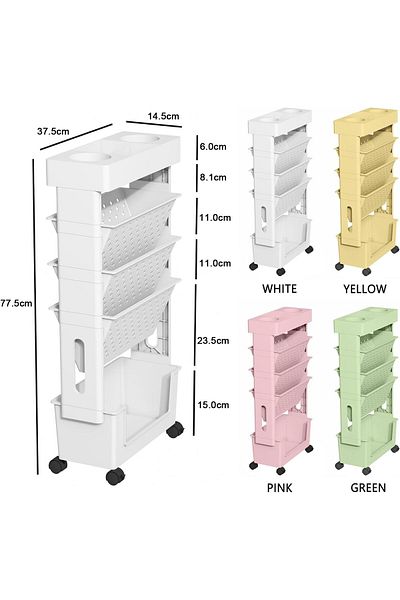erorex 5 Tier Rolling Utility Cart Multi Functional Movable Storage Book Shelves With Lockable Casters For