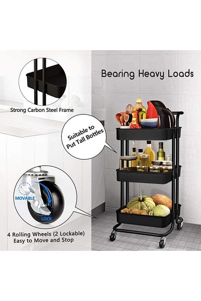 erorex 3 Tier Rolling Storage Cart With Wheels Handle Heavy Duty Mobile Rolling Utility Cart Multifunction