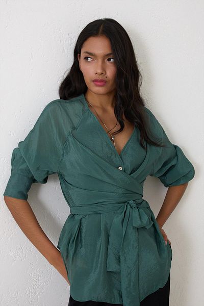 Setre Green Double Breasted Collar Lacing Detailed Long Sleeve Comfortable Fit Blouse