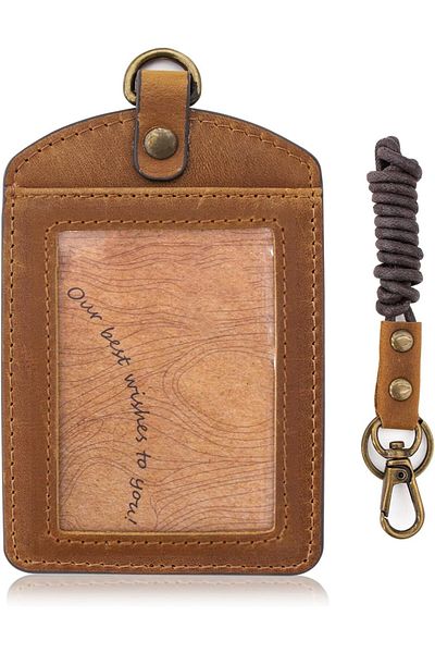 erorex Leather Id Badge Holder With Keychain Vertical Card Holder With Zipper Pocket And Lanyard For