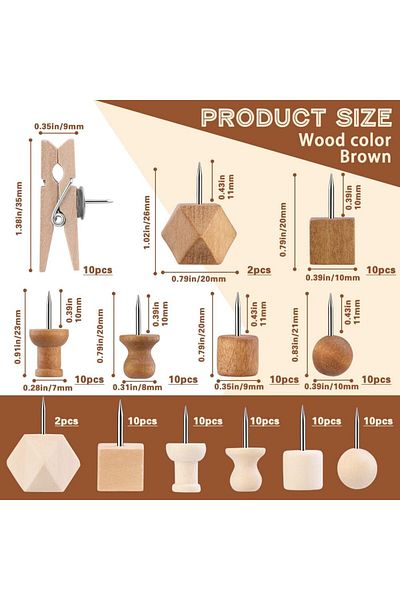 erorex 114 Pcs Decorative Wooden Head Pins In 2 Colors And 7 Types Thumb Tacks For Bulletin Boards And