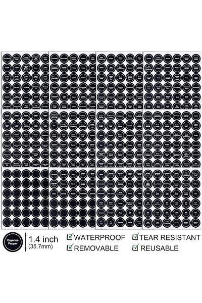 erorex 432Pcs Spice Labels Stickers 1.4In Black Spice Labels Waterproof Adhesive Round Preprinted Spice