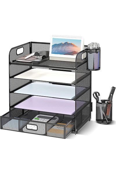 erorex 5 Tier Paper Letter Tray Organizer With Drawer And 2 Pen Holder A4 Paper Letter Tray Organizer Mesh