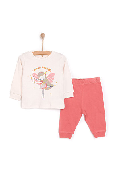 ebebek Hello Baby HelloBaby Kız Bebek Pijama Takım İnterlok Balerin Desen Bisiklet Yaka Uzun Kol Ekru