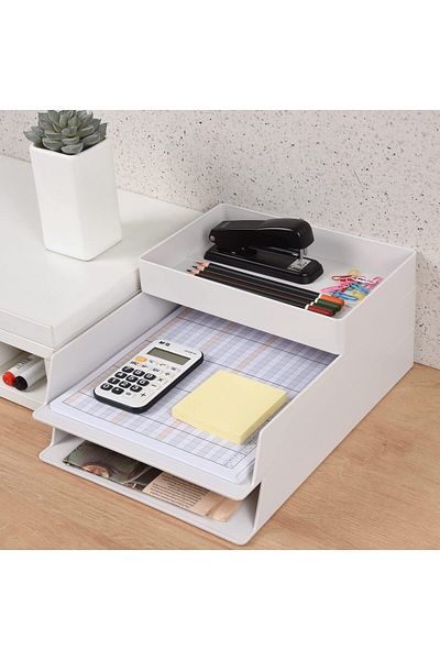 erorex 2 Tier Stackable Paper Letter Tray White Desk Document File Tray Organizer Plastic Desktop Stacking