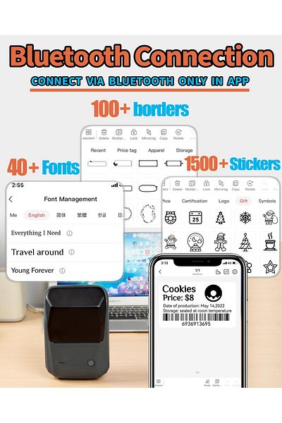 erorex B1 Label Maker Barcode Label Printer Bluetooth And Usb Black Monochrome Label Printer Portable