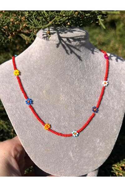 ByMerve Women's Children's Red Daisy Handmade Sand Bead Necklace