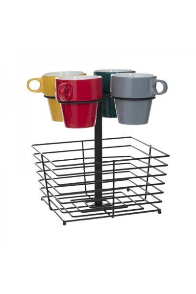 Secret de Gourmet Set of 4 multi-colored cups with stand and metal serving basket, Coffee Break