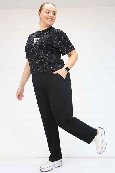 Eslina 39001 Plus Size High Waist Elastic Combed Cotton Trousers - Black