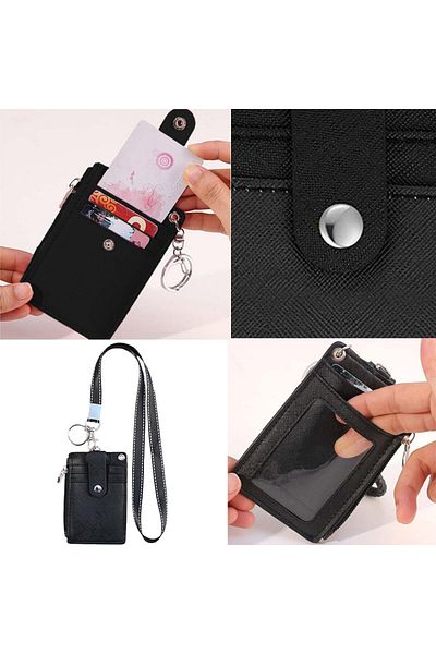erorex Id Badge Holder With Lanyard Pu Leather Id Badge Card Holder With 5 Card Slots And 1 Side Zipper