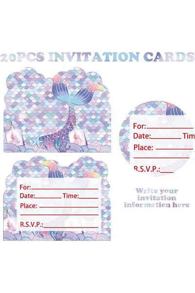 erorex 20 Pcs Birthday Party Invitations With Envelopes Mermaid Invitation Cards And Stickers For Girls