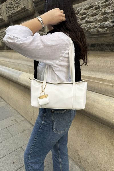 LEONAS Geantă de mână și de umăr pentru femei Laya White cu farmec acoperit