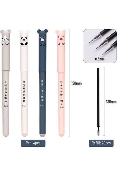 erorex Erasable Gel Pens 4Pcs Cartoon Animal Rollerball Gel Ink Pens With 20 Pieces Refills And 2 Erasers