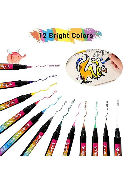 erorex Acrylic Paint Pens Brush Tip 12 Colors Acrylic Paint Pens Soft Brush Tip Calligraphy Art Markers