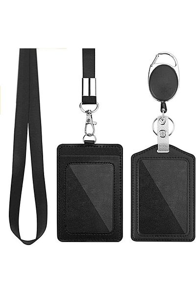 erorex Pu Leather Id Badge Card Holder Wallet 2 Pack Black Badge Holder 18 Inch Neck Lanyard Strap For