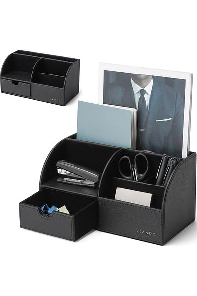 erorex Desk Organiser With Drawer Leather Office Stationery Desk Tidy Organiser Multifunctional Desktop