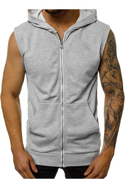 aynewmoda Men's Hooded Tops Singlets Zipper Sleeveless Athletic Training T-Shirt