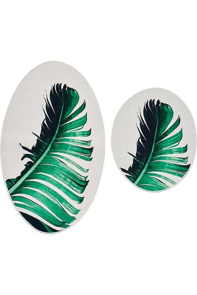miqna Ovales Badezimmerteppich-Set mit Feder-Motiv  60x100 cm und 50x60 cm