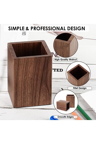 erorex Pen Holder For Desk Stationery Organizer Wooden Pencil Holder Square Pen Cup Holder Black Walnut