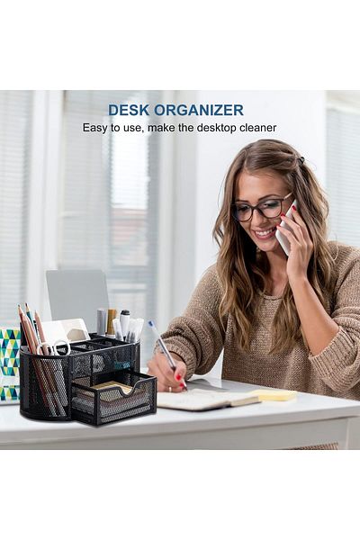 erorex Mesh Desk Organiser Large Capacity Desk Tidy Metal Pen Holder With 8 Compartments And 1 Drawer
