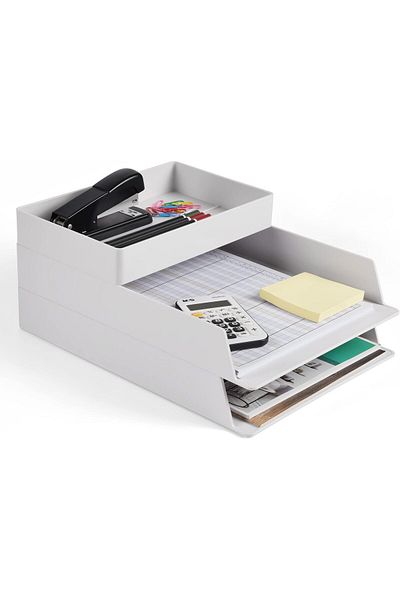 erorex 2 Tier Stackable Paper Letter Tray White Desk Document File Tray Organizer Plastic Desktop Stacking