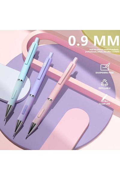 erorex Pastel Mechanical Pencil Set 3Pcs 0.9Mm Mechanical Pencils With 360Pcs Hb Lead Refills 3Pcs Erasers
