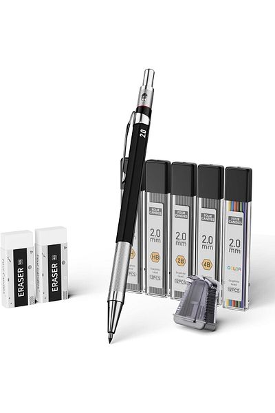 erorex 2Mm Mechanical Pencil Set With Case Artist Lead Pencil Metal Lead Holder With 60Pcs Graphite Lead